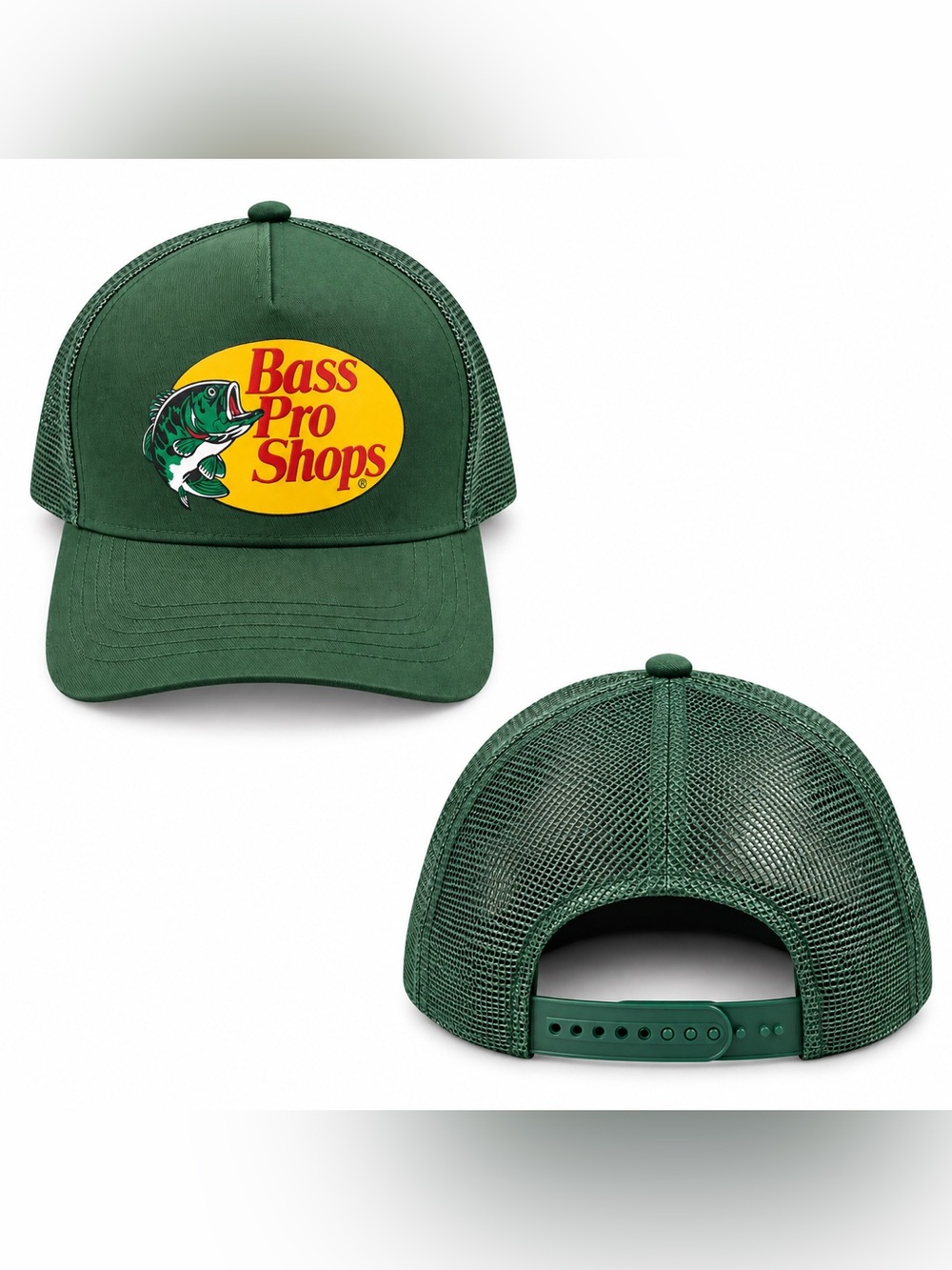 Bass Pro Shops Dark Green Logo Mesh Trucker Hat with Yellow Patch